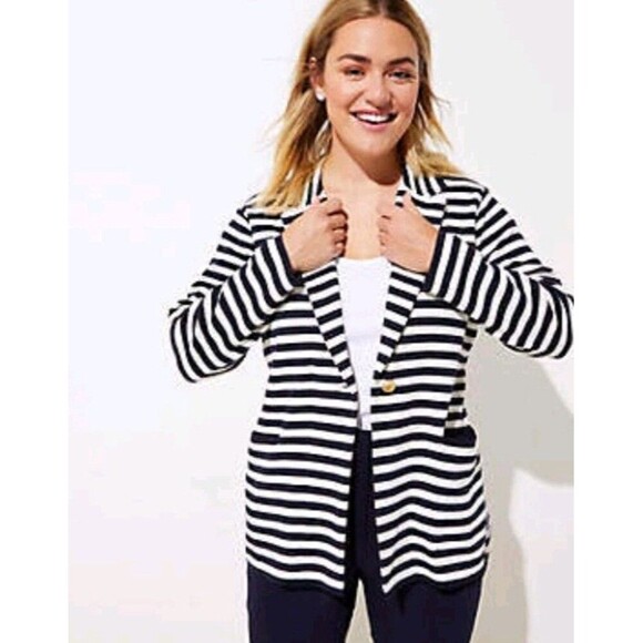 Ann Taylor Loft Navy White Stripe Knit Blazer Jacket S - Picture 1 of 9